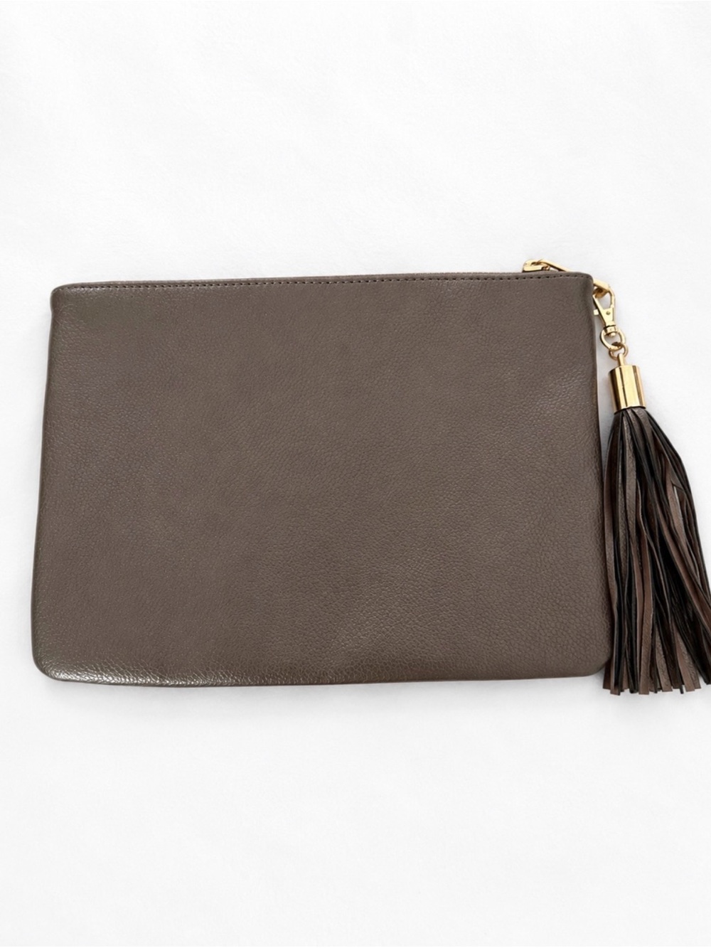 Merona Metallic Pewter Gray Faux Leather Zip Clutch Pouch with Tassel Accent EUC